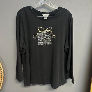 CJ Banks Holiday Gift Black Gold Graphic Long Sleeve‎ Tee Womens Plus Size 2X